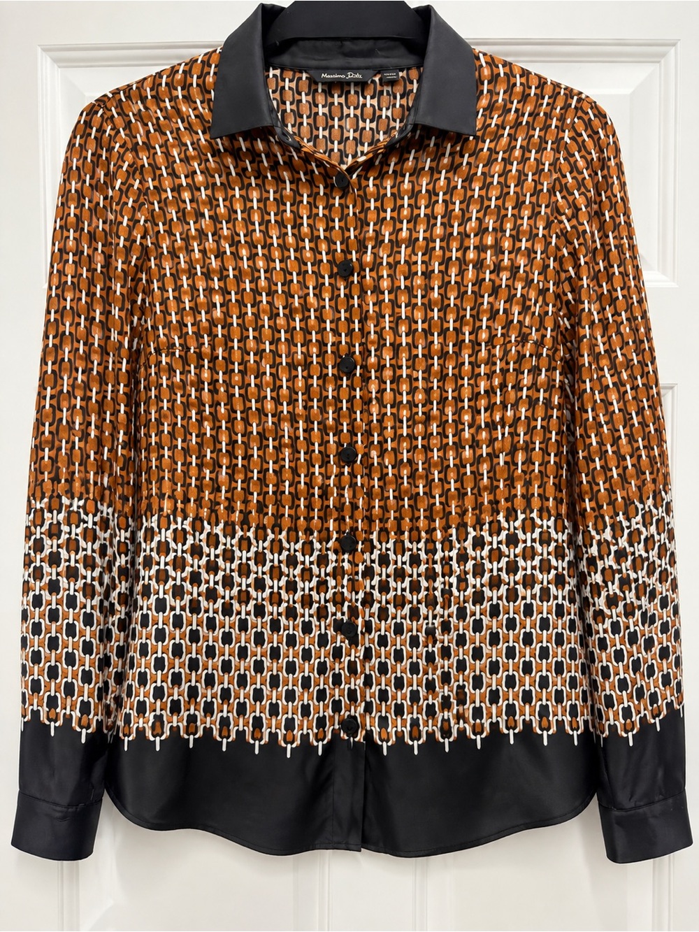 Massimo Dutti Retro Geometric Chain Print Satin Blouse Brown Black Size 34/US 2